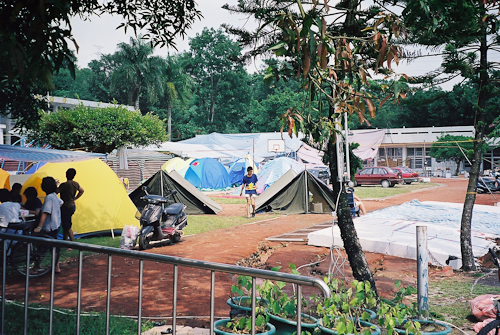 A tent city in a smaller elementary school